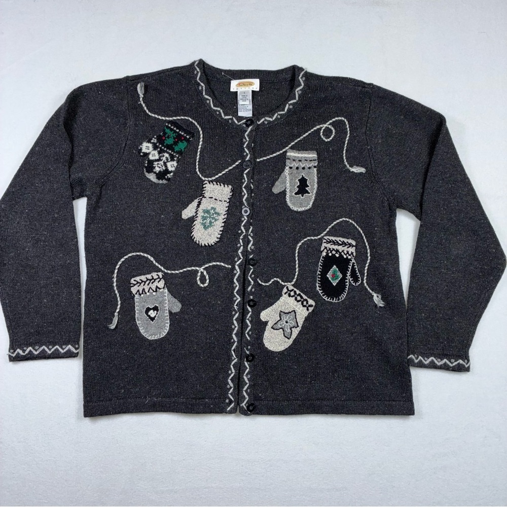Vintage Talbots Grey Winter Mittens Christmas Holiday Cardigan Sweater Large